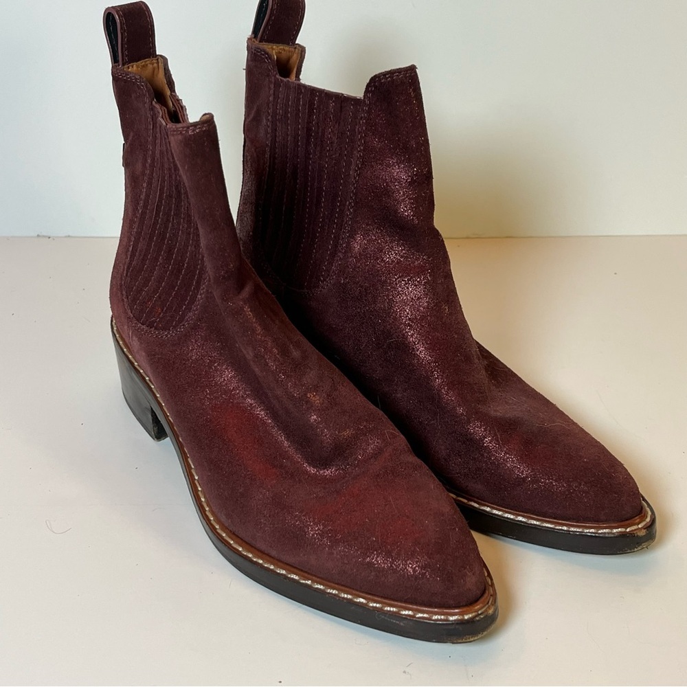 Coach Bowery Chelsea Boot Maroon Metallic Suede Western Leather Women’s Size 6 - Picture 3 of 12